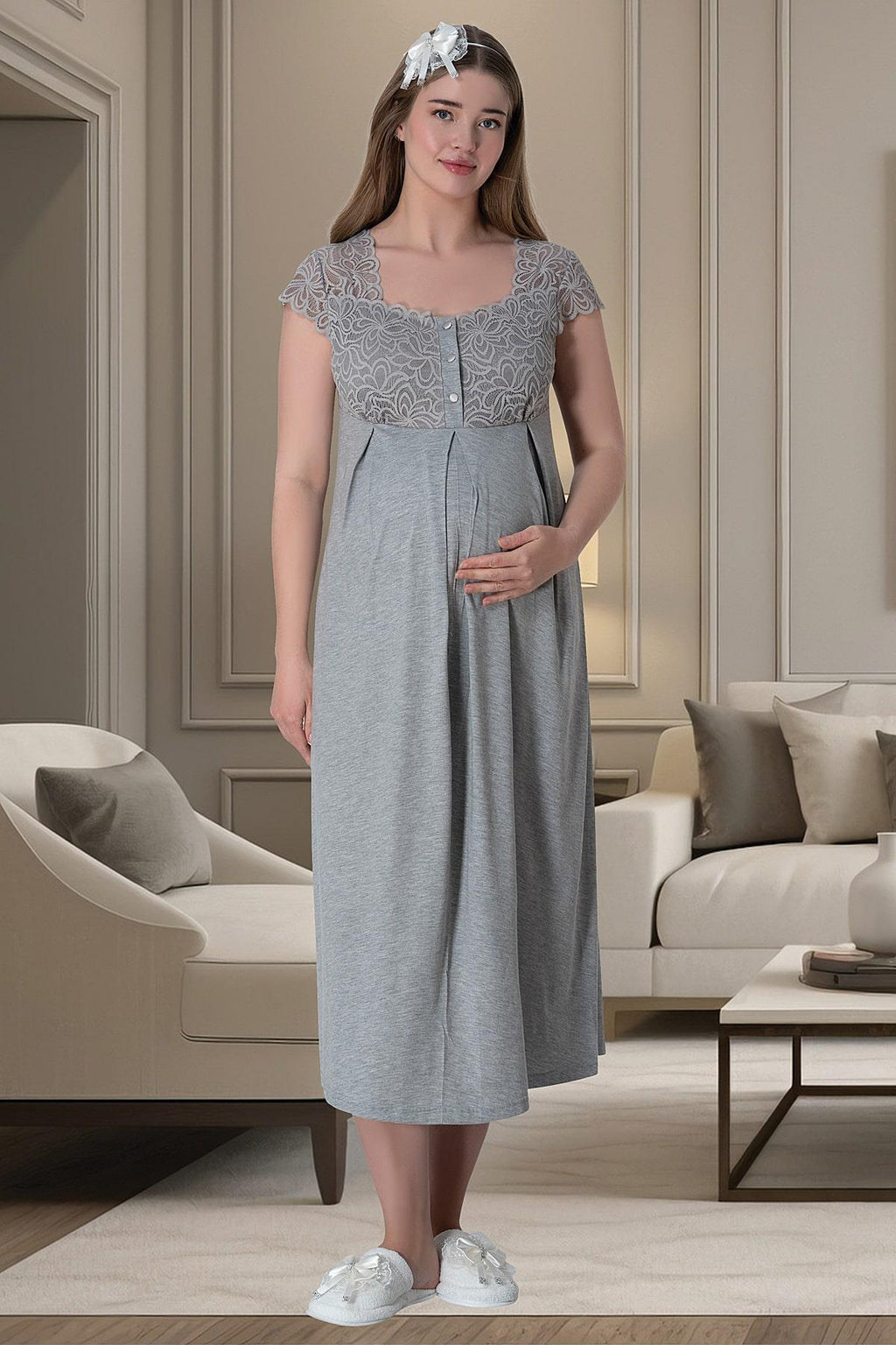 Lace Shoulder 4-Piece Maternity-Nursing Set Grey - 6066