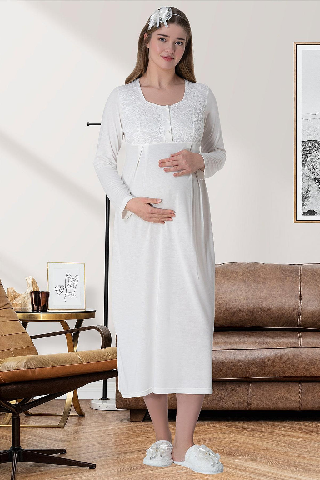 Lace Long Lez Lacy 4-Piece Maternity-Nursing Set Ecru - 6060