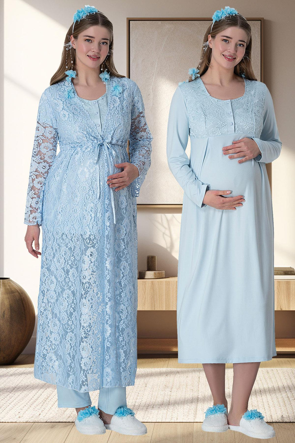 Lace Long Lez Lacy 4-Piece Maternity-Nursing Set Blue - 6060