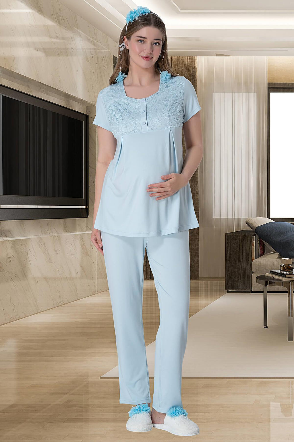 Lace Long Lez Lacy 4-Piece Maternity-Nursing Set Blue - 6060