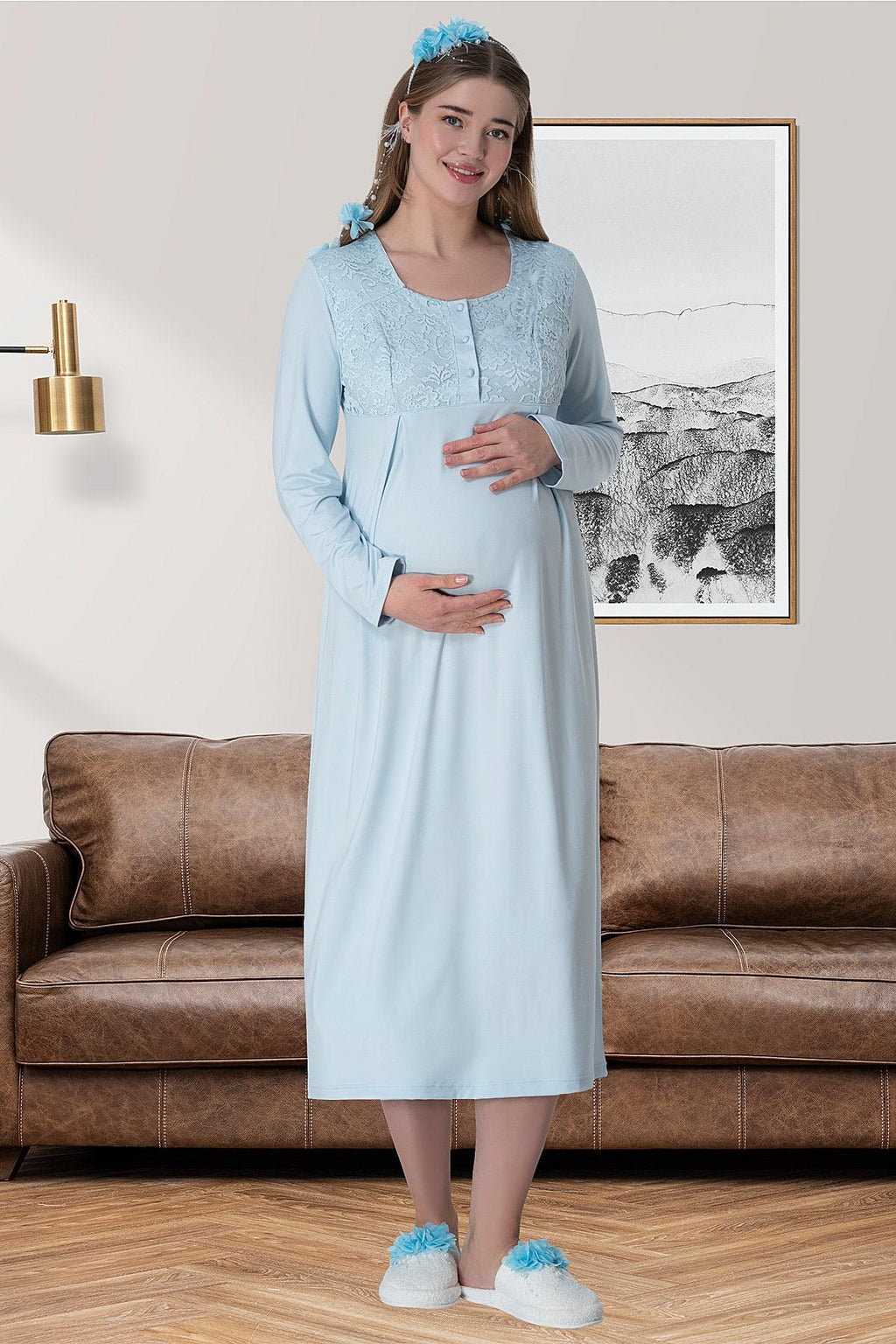 Lace Long Lez Lacy 4-Piece Maternity-Nursing Set Blue - 6060