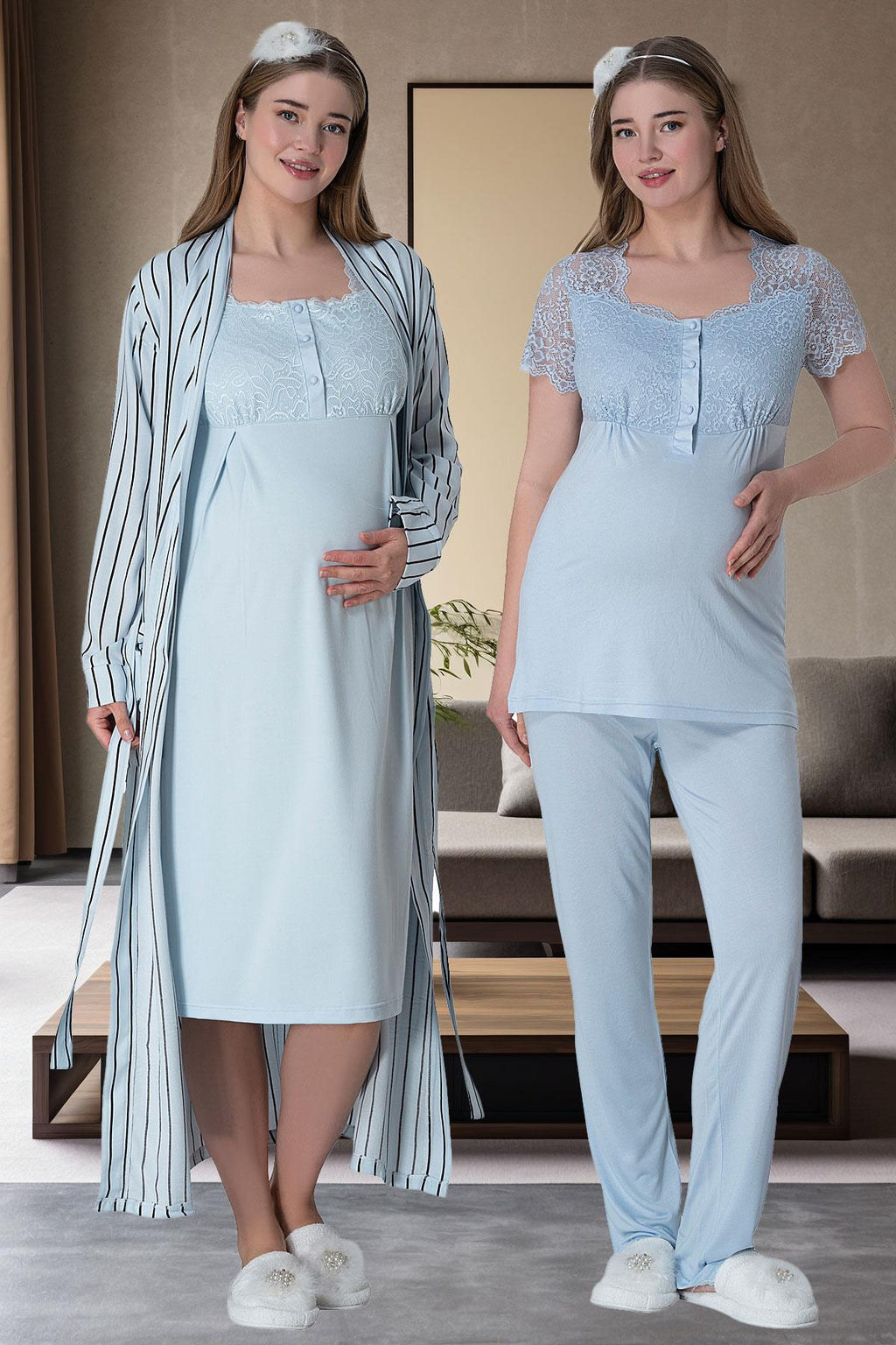 Stripe Lace Shoulder 4-Piece Maternity-Nursing Set Blue - 6063