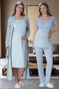 Stripe Lace Shoulder 4-Piece Maternity-Nursing Set Blue - 6063