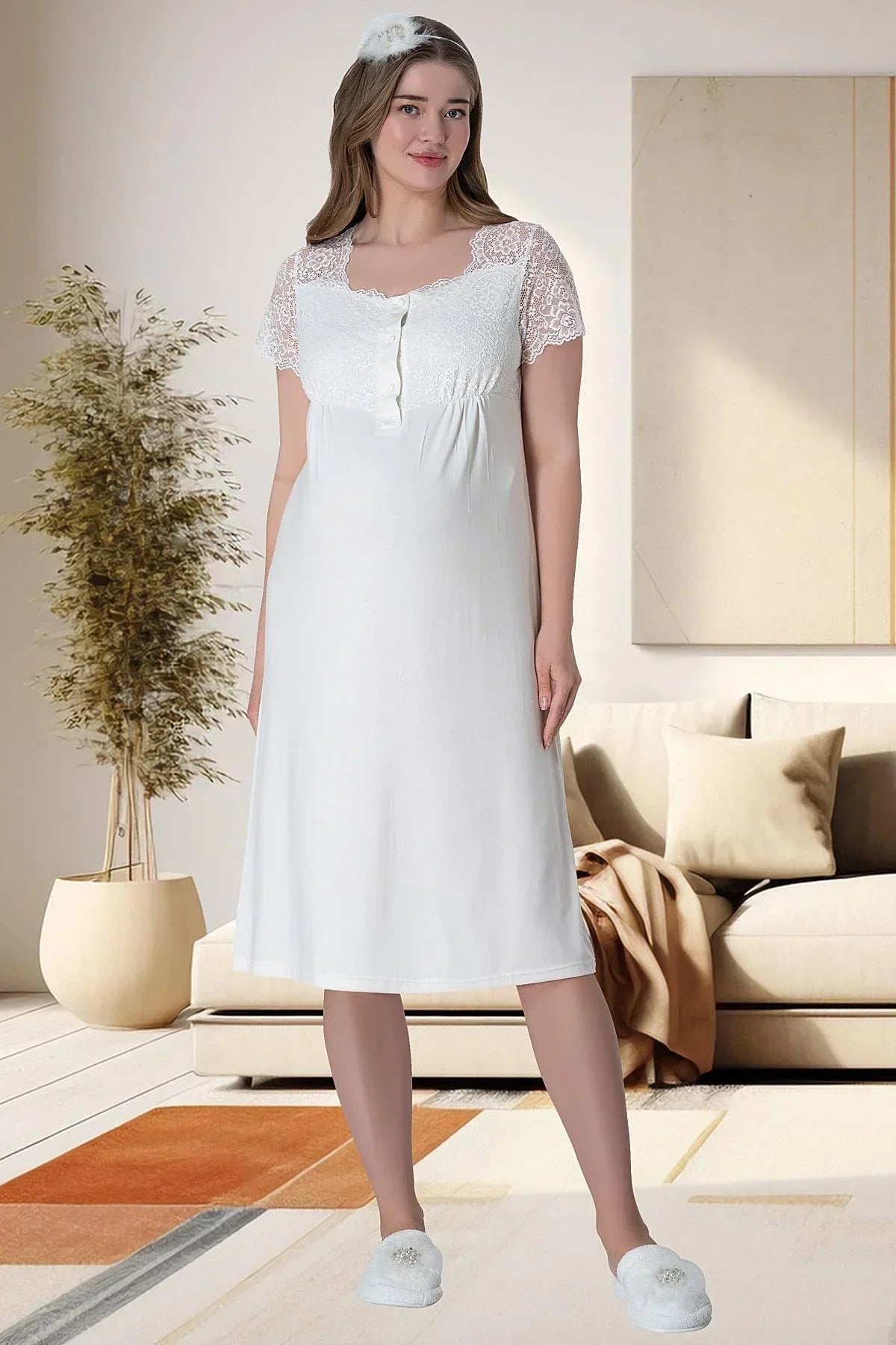Lace Sleeve and Collar 4-Piece Maternity-Nursing Set Ecru - 6065