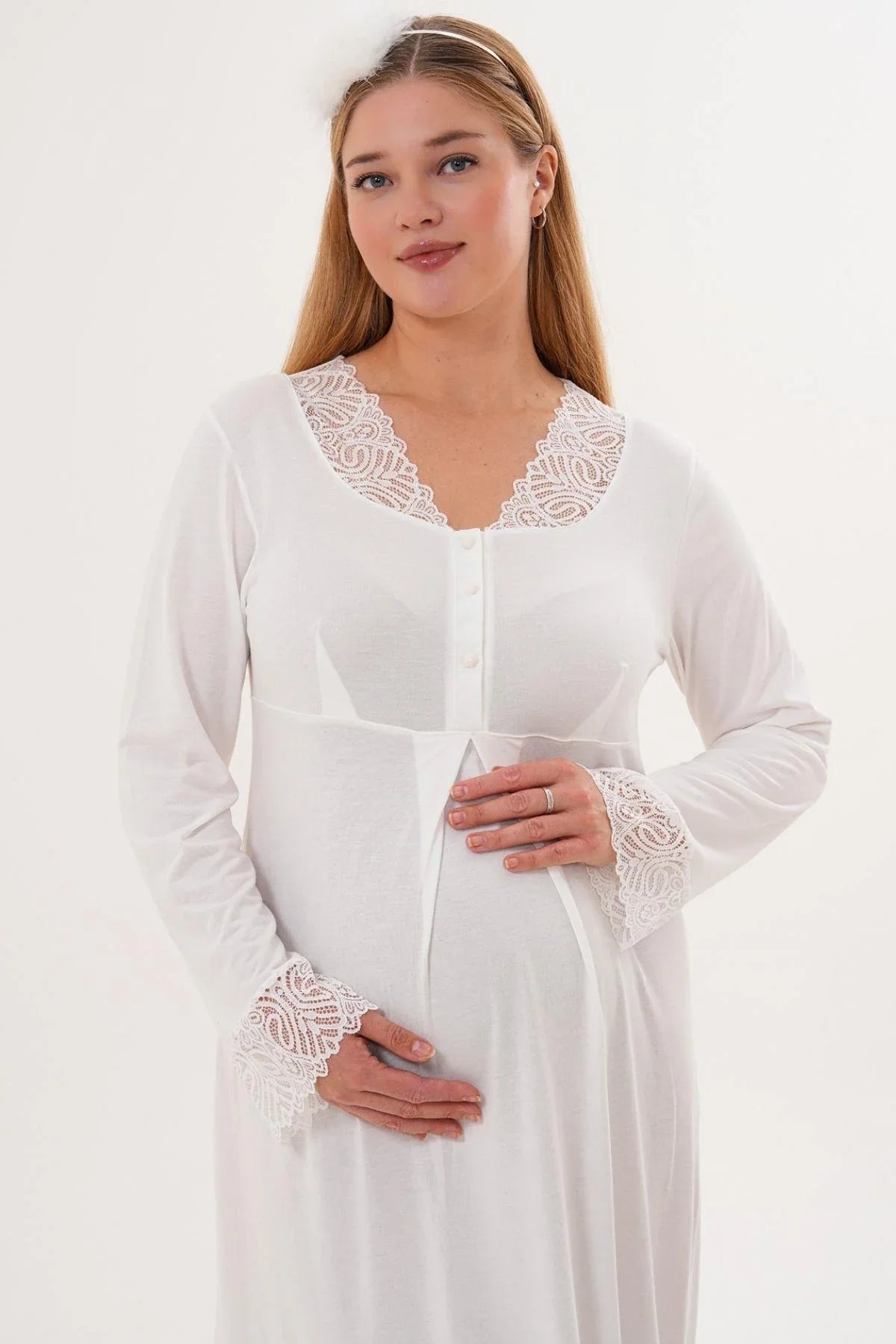 Lace Sleeve and Collar 4-Piece Maternity-Nursing Set Ecru - 6332