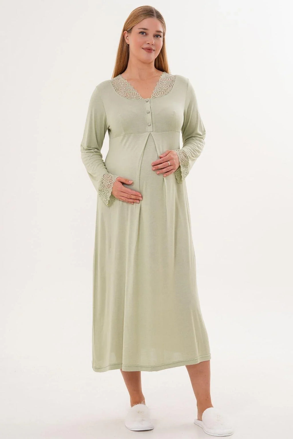 Lace Sleeve and Collar 4-Piece Maternity-Nursing Set Green - 6332
