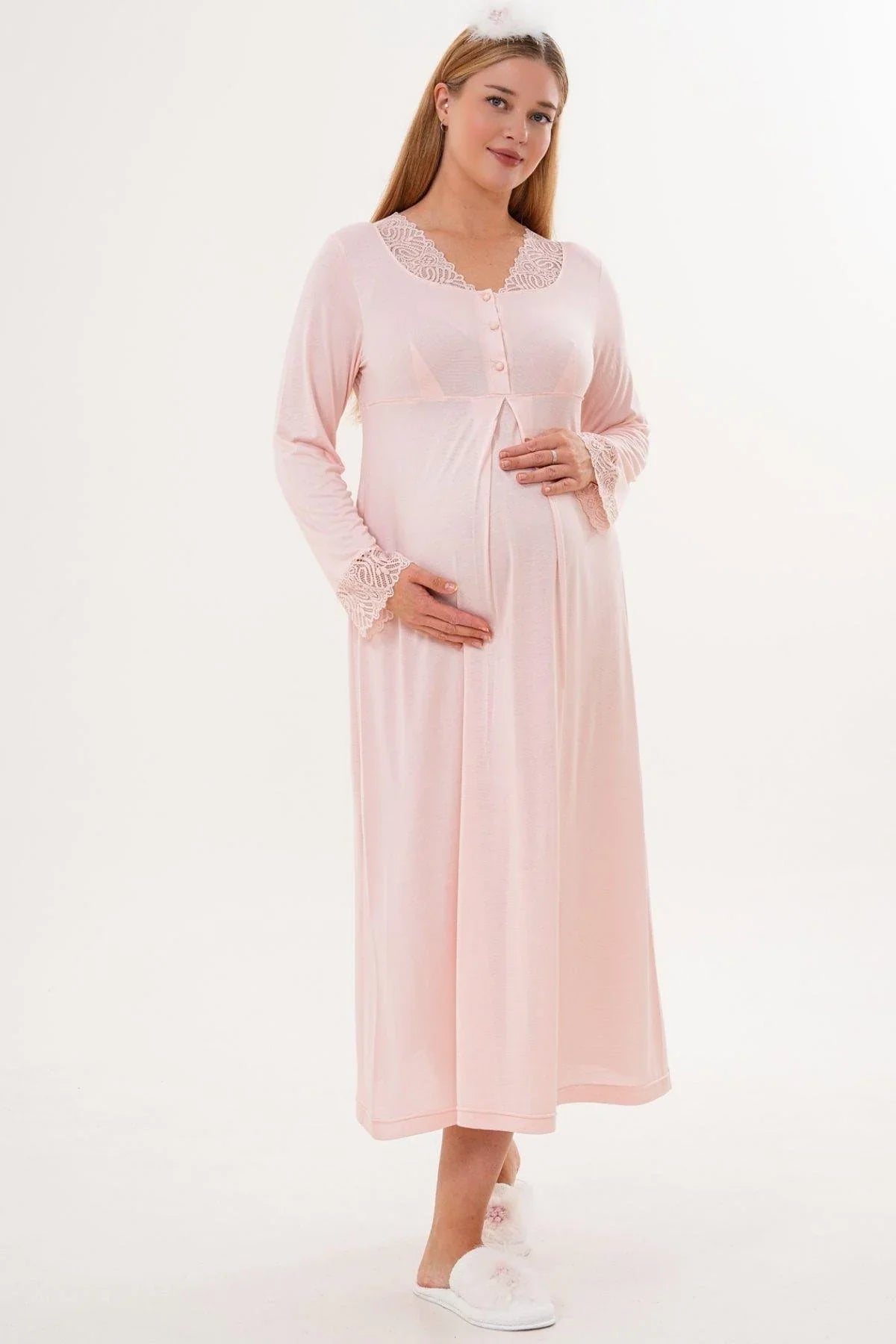 Lace Sleeve and Collar 4-Piece Maternity-Nursing Set Powder - 6332
