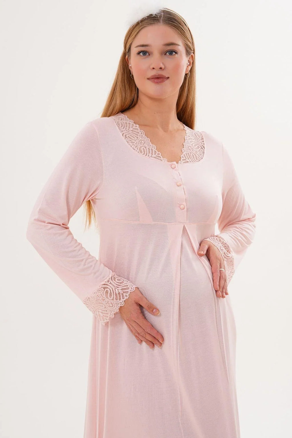 Lace Sleeve and Collar 4-Piece Maternity-Nursing Set Powder - 6332