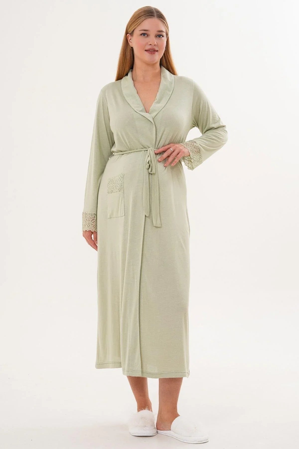 Lace Sleeve and Collar 4-Piece Maternity-Nursing Set Green - 6332