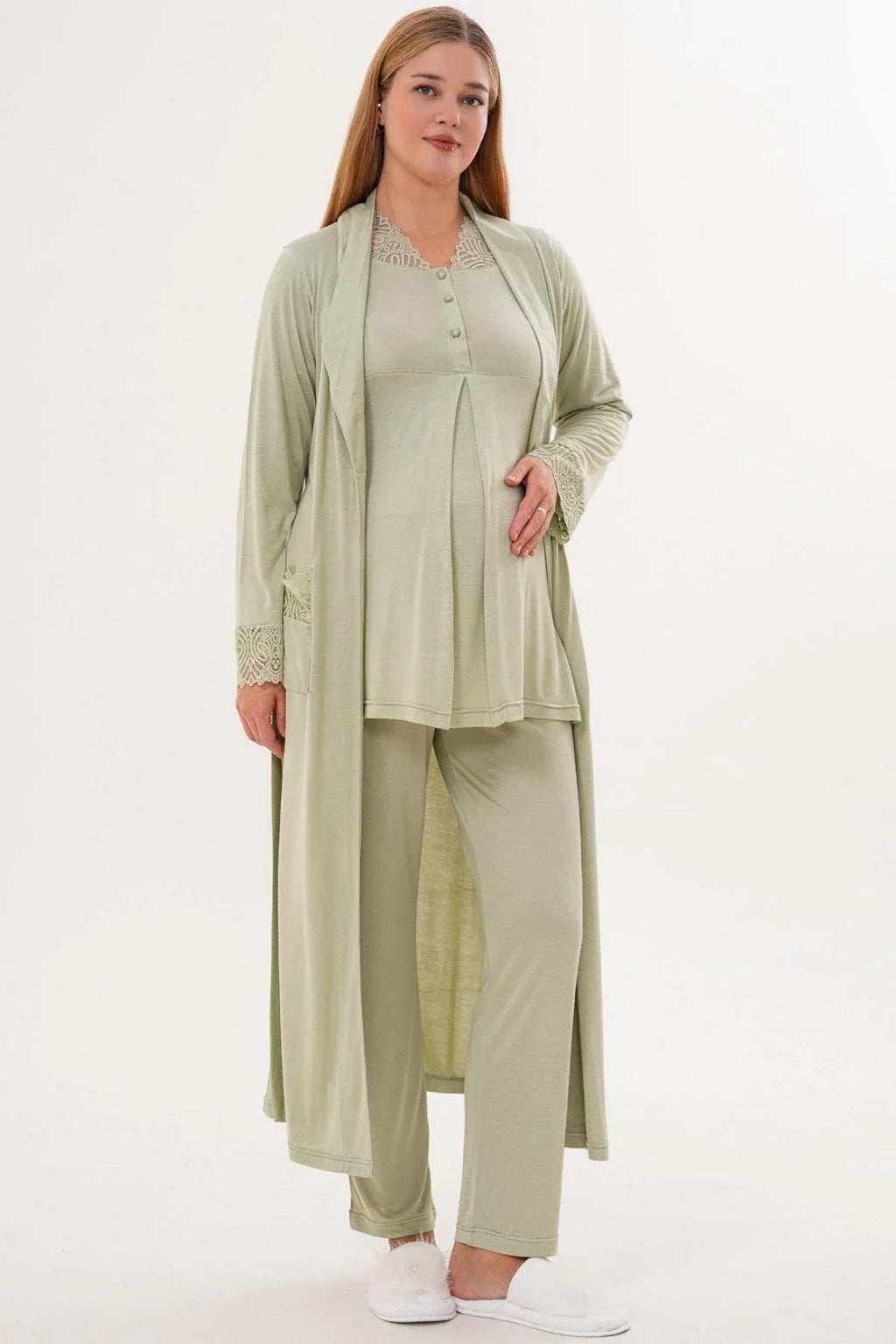 Lace Sleeve and Collar 4-Piece Maternity-Nursing Set Green - 6332