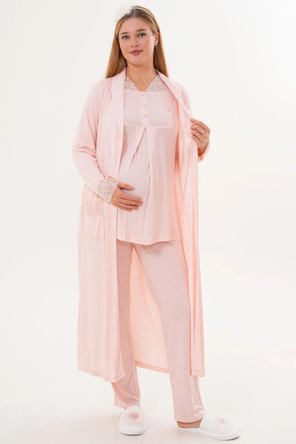 Lace Sleeve and Collar 4-Piece Maternity-Nursing Set Powder - 6332