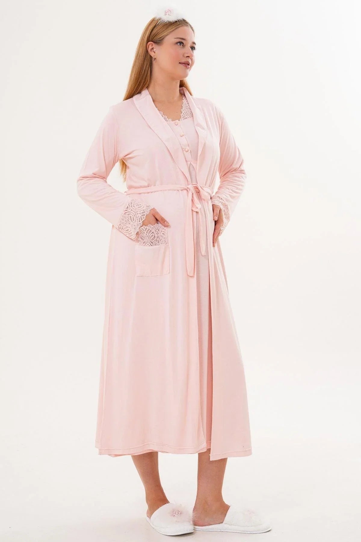 Lace Sleeve and Collar 4-Piece Maternity-Nursing Set Powder - 6332