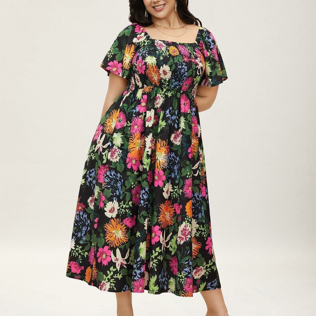 ⏰Zomeruitverkoop 50% KORTING 💃Gebloemde midi-jurk met gesmockte vierkante hals en zakken