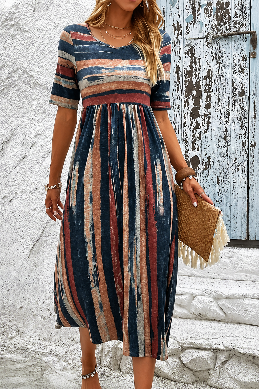 Marloes™ | Gestreepte Buikcamouflerende Midi Jurk