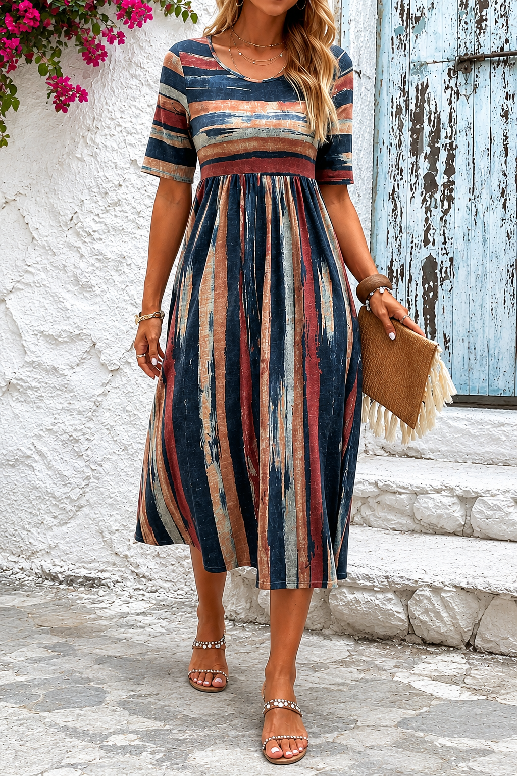 Marloes™ | Gestreepte Buikcamouflerende Midi Jurk