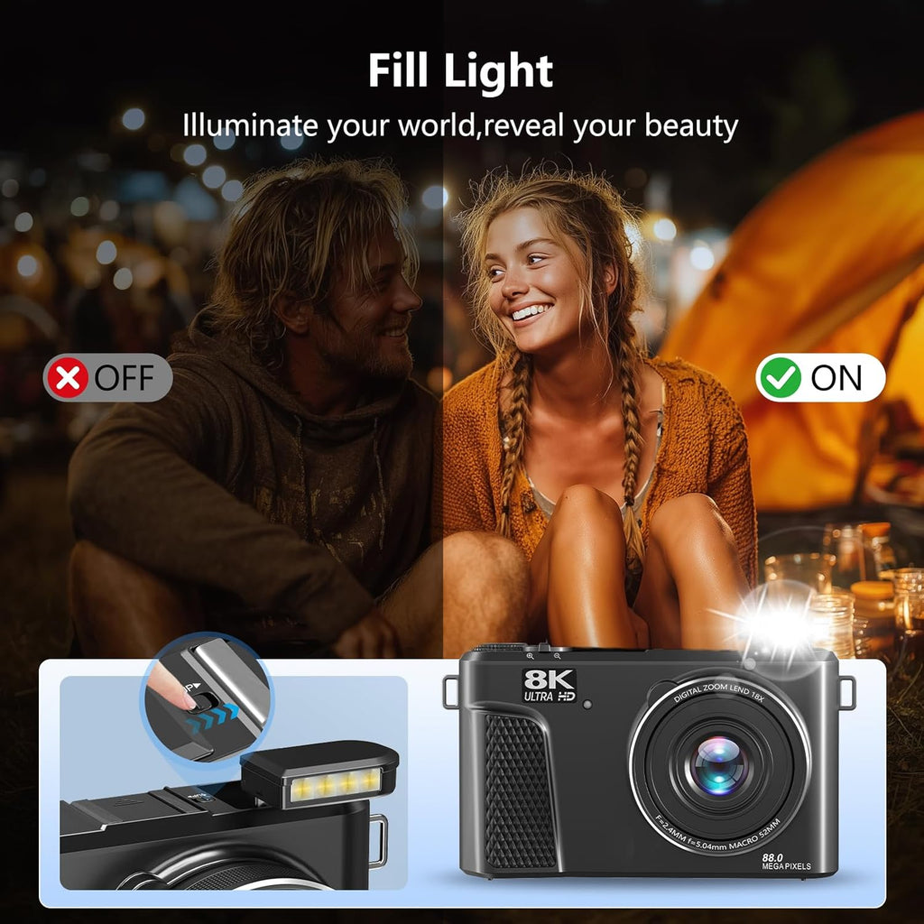 8K digitale camera met 88 MP-sensor en 3-inch 180 graden kantelbaar scherm