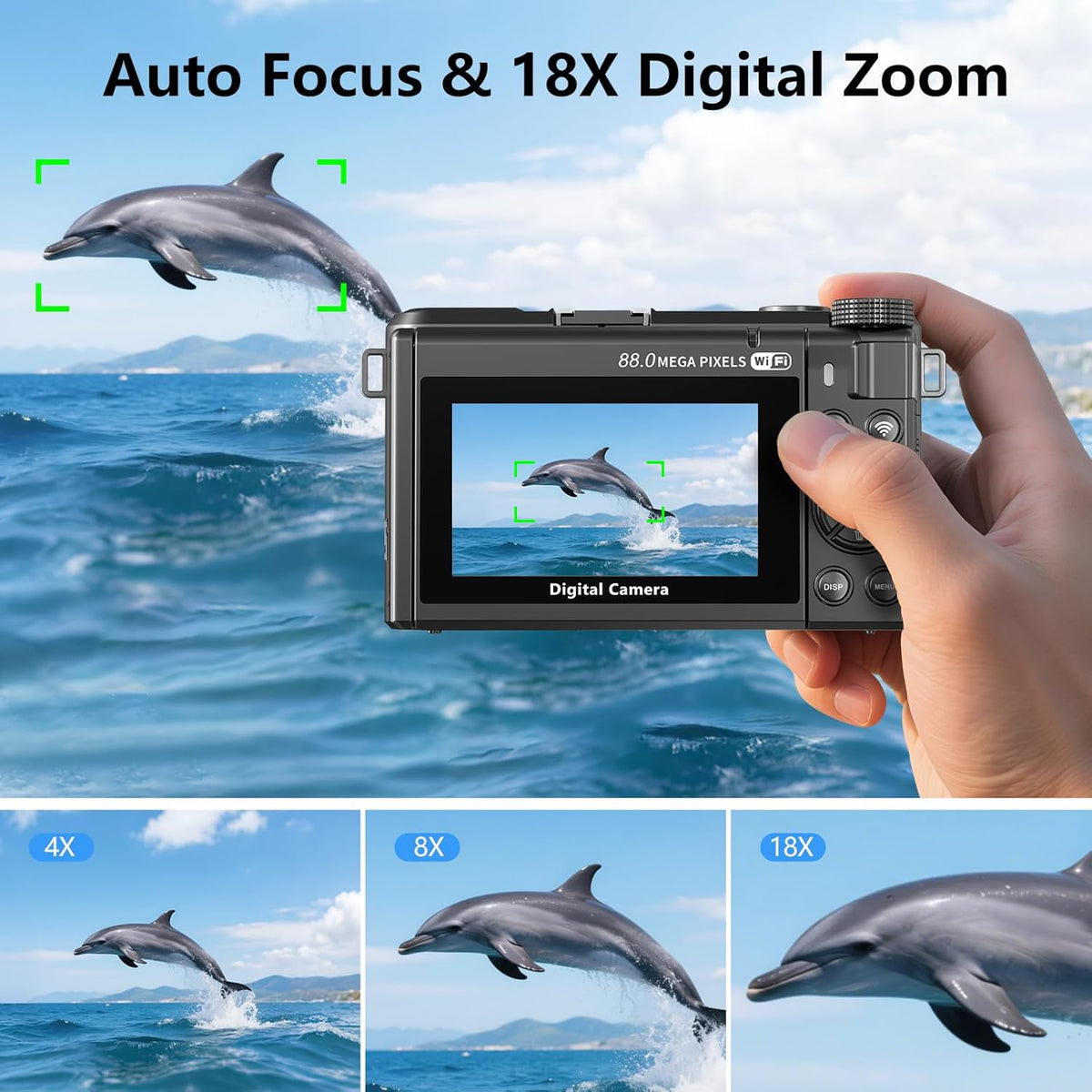 8K digitale camera met 88 MP-sensor en 3-inch 180 graden kantelbaar scherm