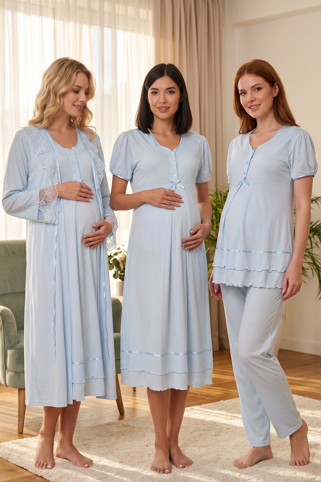 Pleated Embroidery Lacy 4-Piece Maternity-Nursing Set Blue - 8026