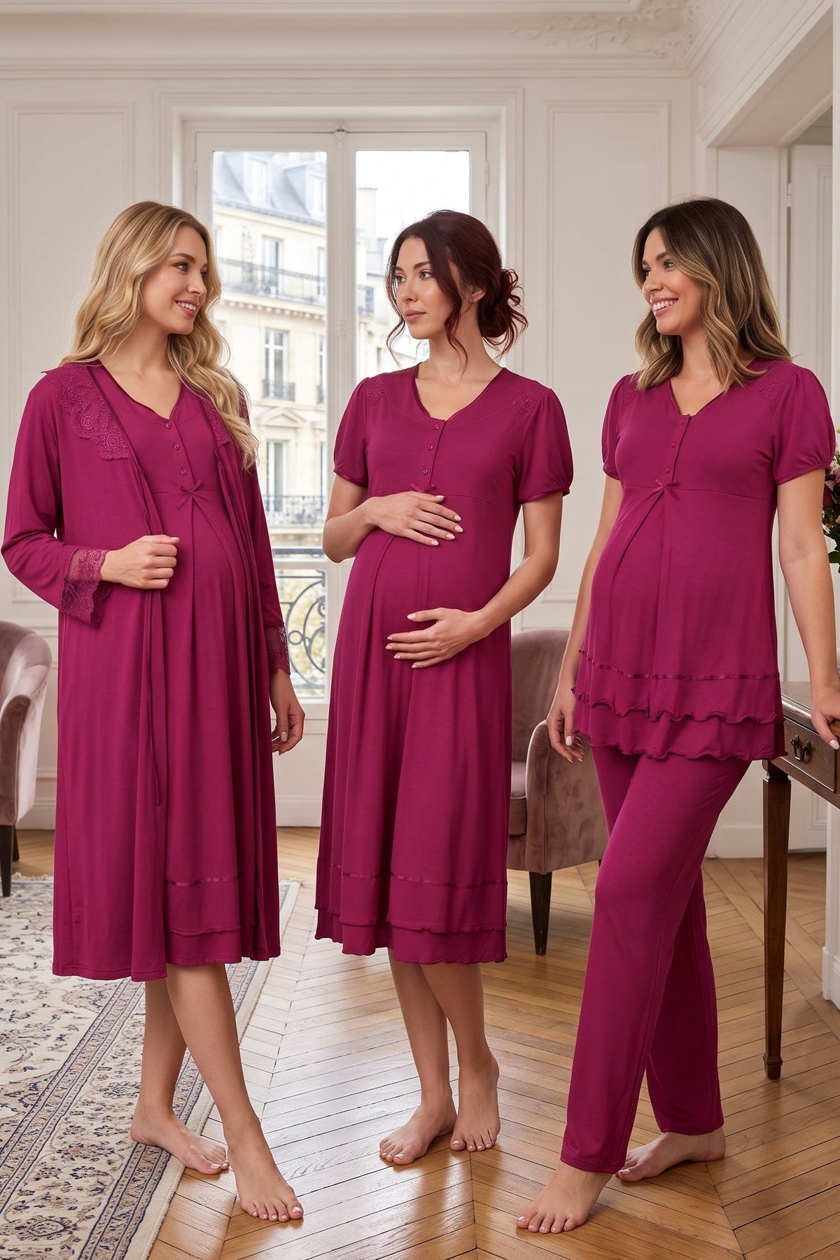 Pleated Embroidery Lacy 4-Piece Maternity-Nursing Set Cherry - 8026