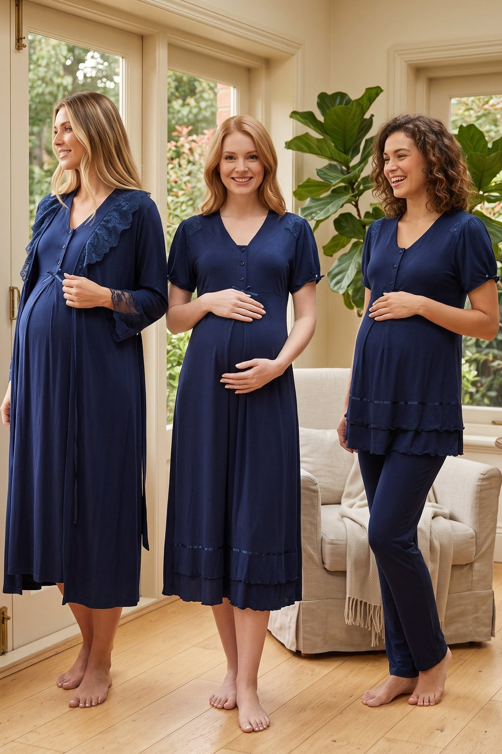 Pleated Embroidery Lacy 4-Piece Maternity-Nursing Set Navy Blue - 8026