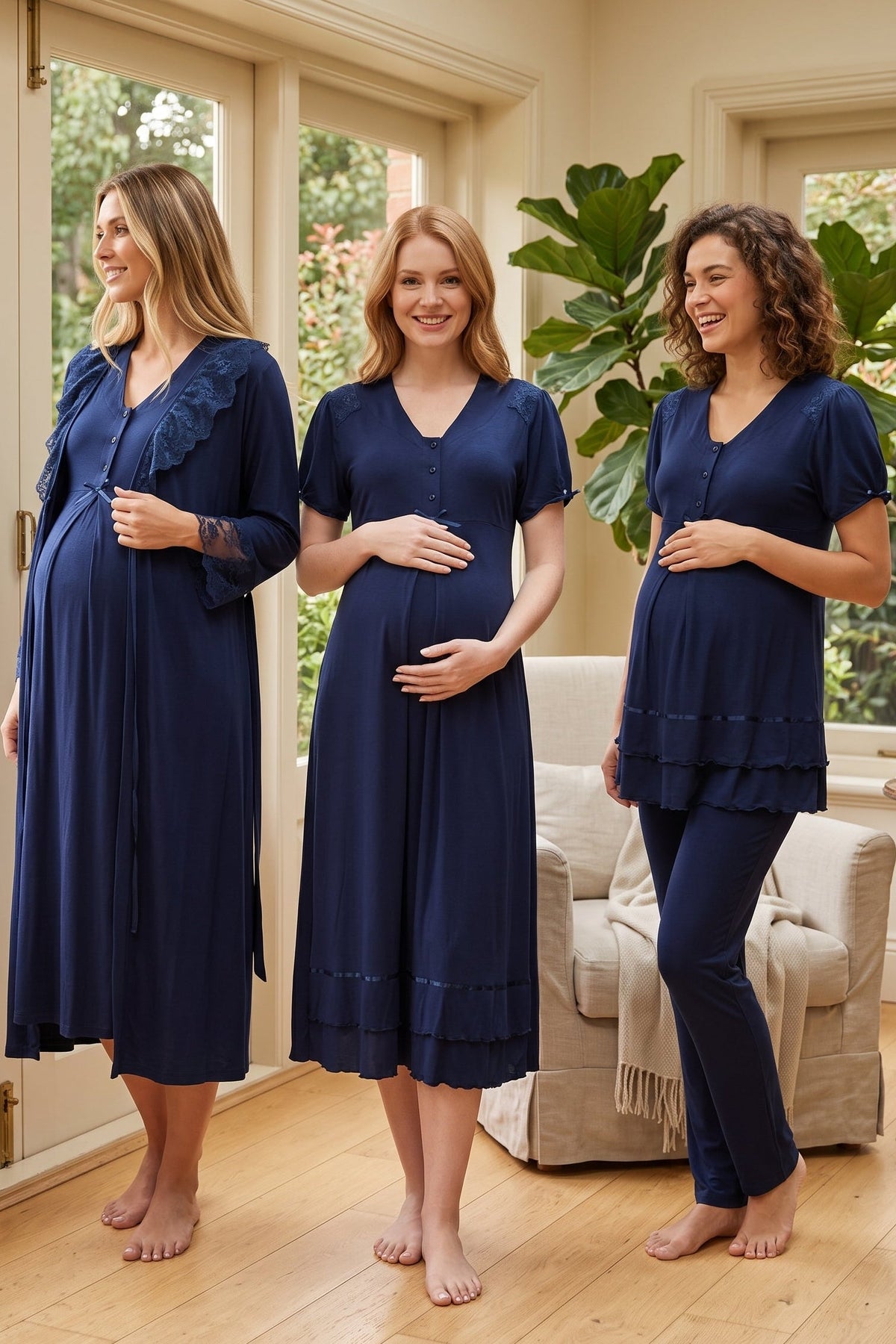 Pleated Embroidery Lacy 4-Piece Maternity-Nursing Set Navy Blue - 8026
