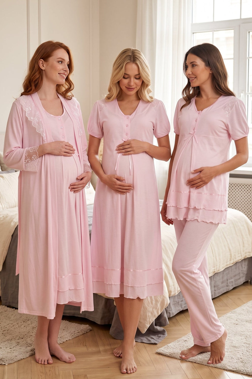 Pleated Embroidery Lacy 4-Piece Maternity-Nursing Set Pink - 8026