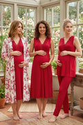 Elegant Lace Collar Patterned 4-Piece Maternity-Nursing Set Cherry - 8036