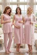 Elegant Lace Collar Patterned 4-Piece Maternity-Nursing Set Pink - 8036
