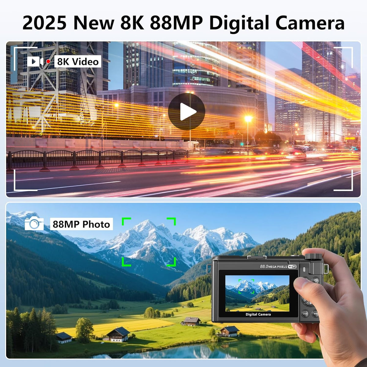 8K digitale camera met 88 MP-sensor en 3-inch 180 graden kantelbaar scherm