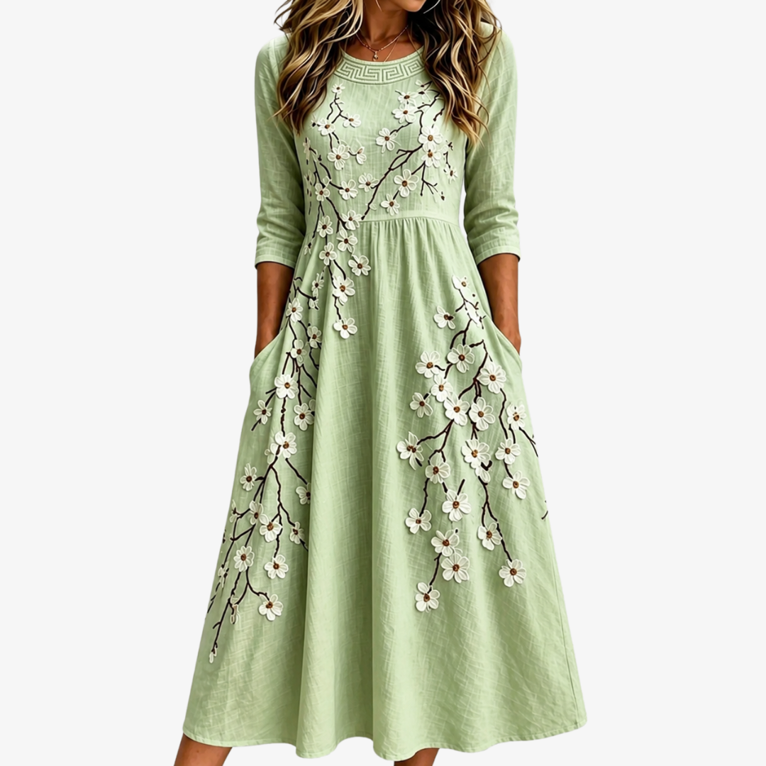 Sage Blossom Garden Pocket Midi Jurk