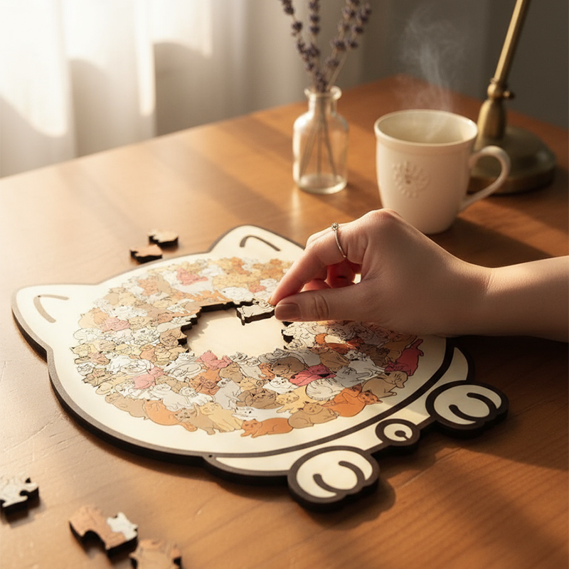 ⏳Tijdelijke aanbieding! 🧩Houten puzzel van 135 stukjes in gedempte tinten, met een kattenmotief.