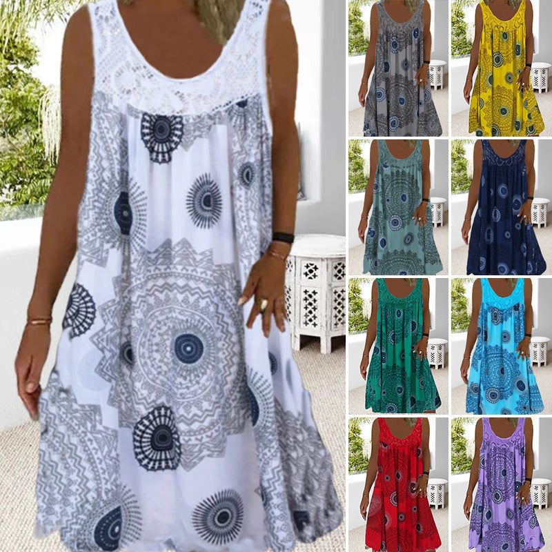 🔥Nieuw binnen 50% KORTING🎁🔥Vrouwen Zomer O-hals mouwloze jurk met print