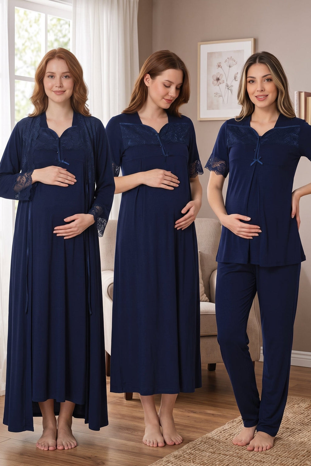 Lace Sleeve Lacy Flywheel Arm 4-Piece Maternity-Nursing Set Navy Blue - 9016