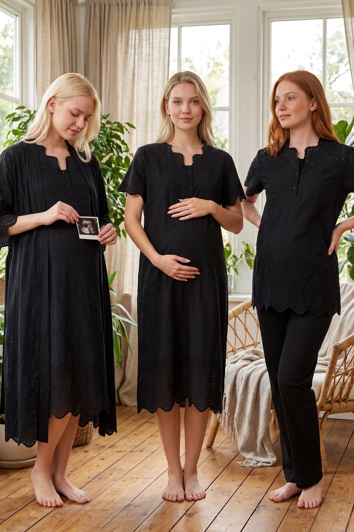 Embroidered 4-Piece Maternity-Nursing Set Black - 9026