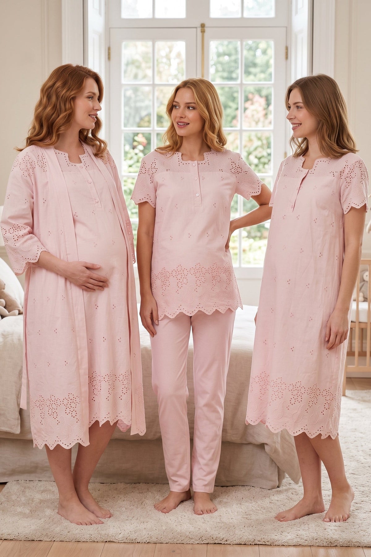 Embroidered 4-Piece Maternity-Nursing Set Powder - 9026