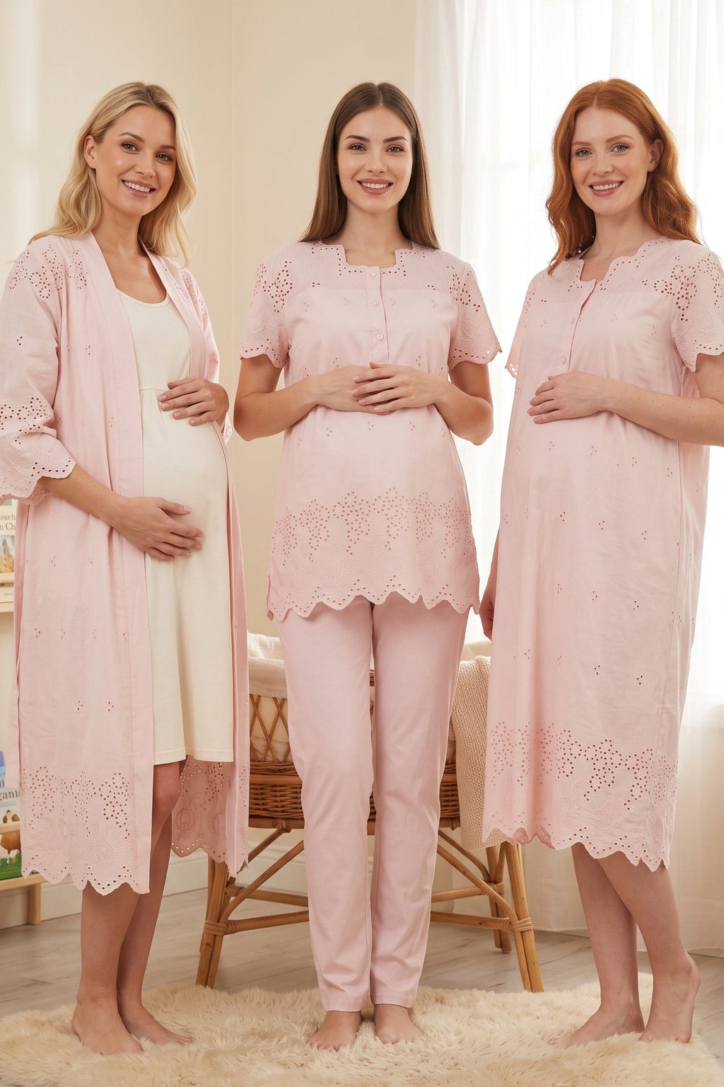 Embroidered 4-Piece Maternity-Nursing Set Powder - 9026