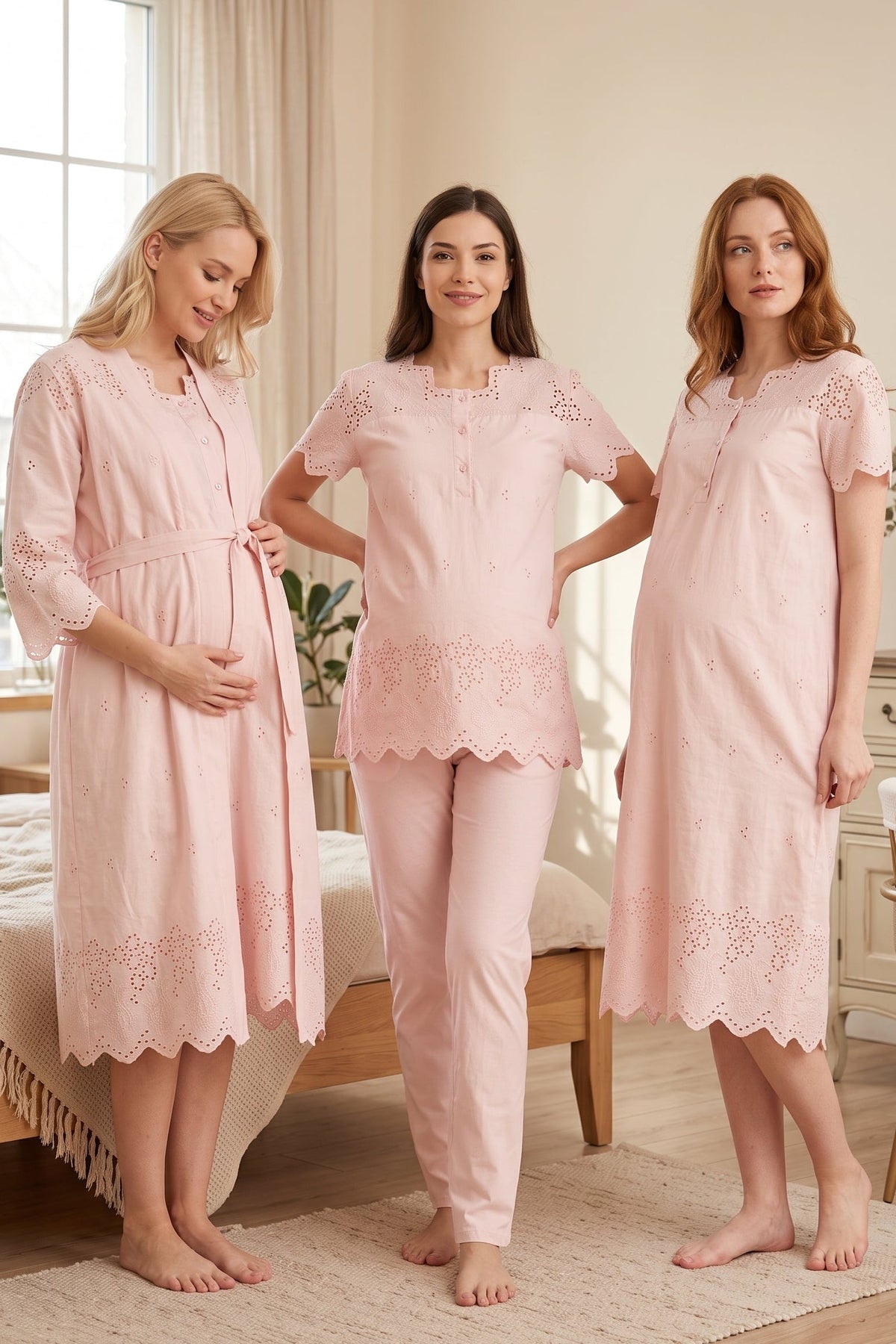 Embroidered 4-Piece Maternity-Nursing Set Powder - 9026