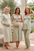 Lace Detailed Wrap Striped 4-Piece Maternity-Nursing Set Green - 9036