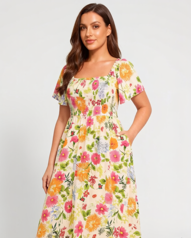 ⏰Zomeruitverkoop 50% KORTING 💃Gebloemde midi-jurk met gesmockte vierkante hals en zakken