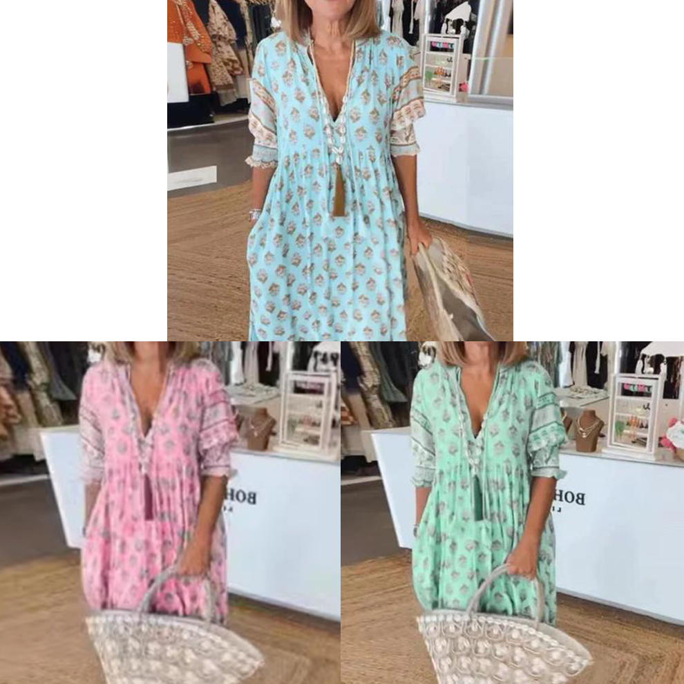 🟌Lenteaanbieding: 50 % korting👗Boho-jurk met bloemenprint, V-hals, hoge taille en A-lijn silhouet