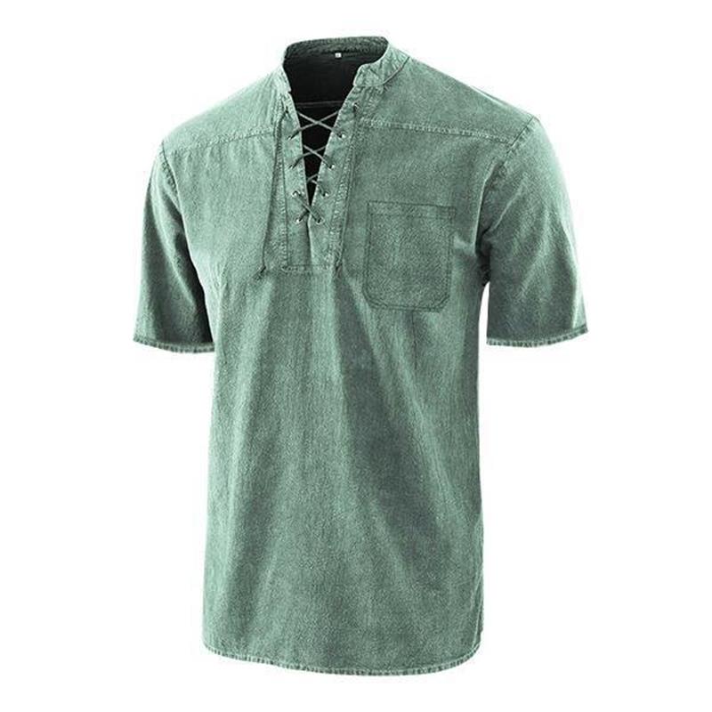 🎁2026 Nieuw binnen 50% KORTING💥Heren Gothic Retro T-shirt met Vetersluiting V-hals Linnen Zak Korte Mouw Tee Shirt Losse Tops