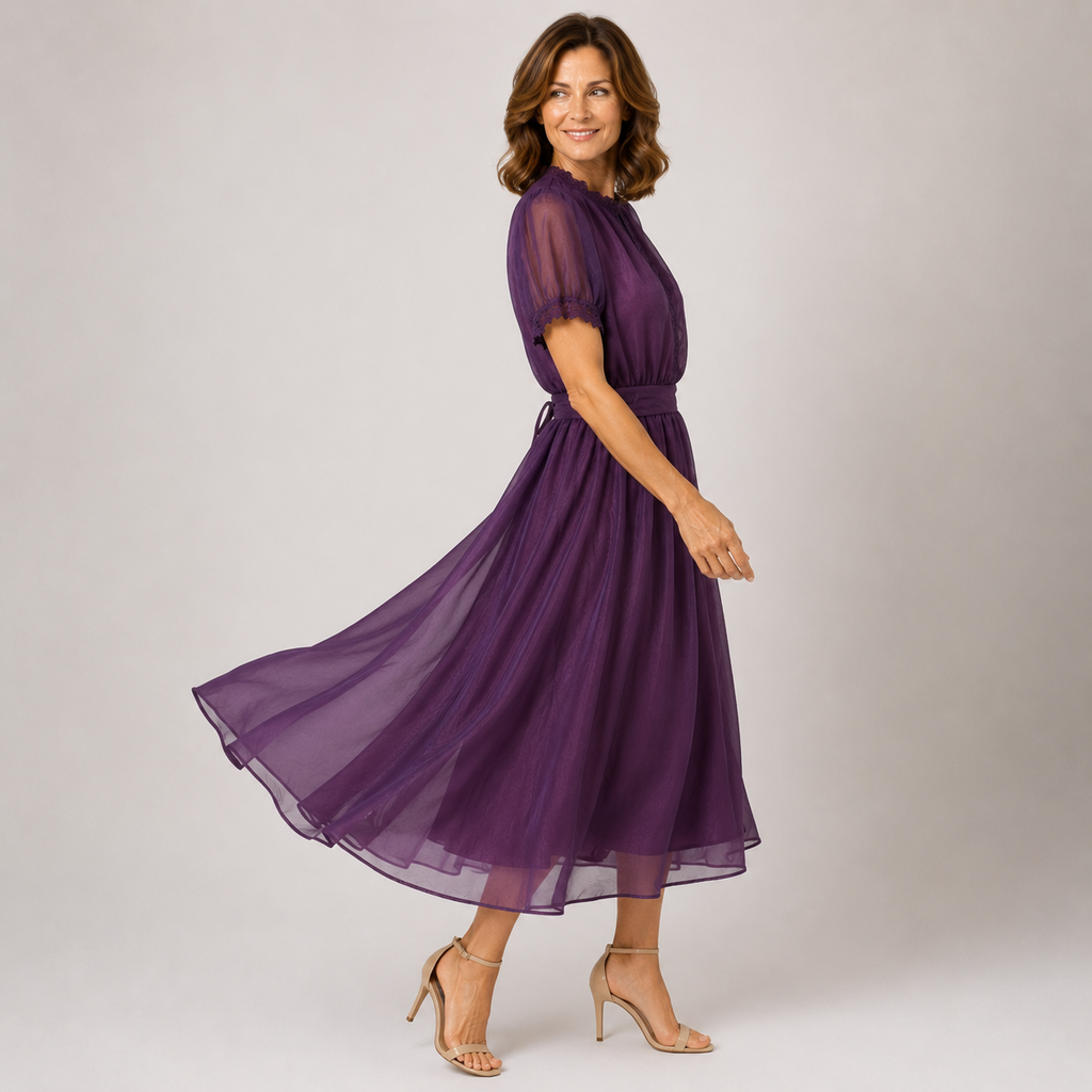 Flavia | Maxi Jurk met Druppelnek en Kant Chiffon Rand