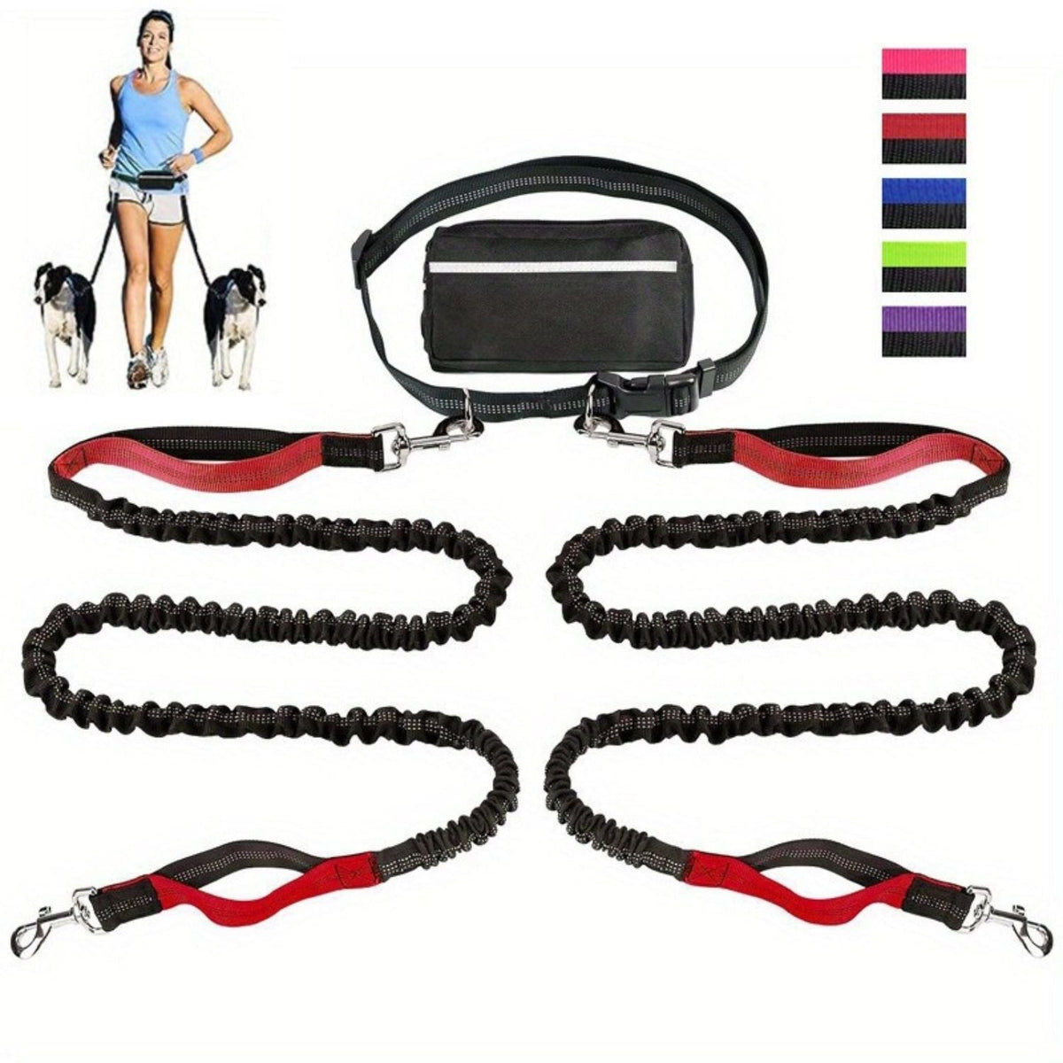 Handsfree Hondenriem Set voor om je Middel - Met 1 of 2 Riemen