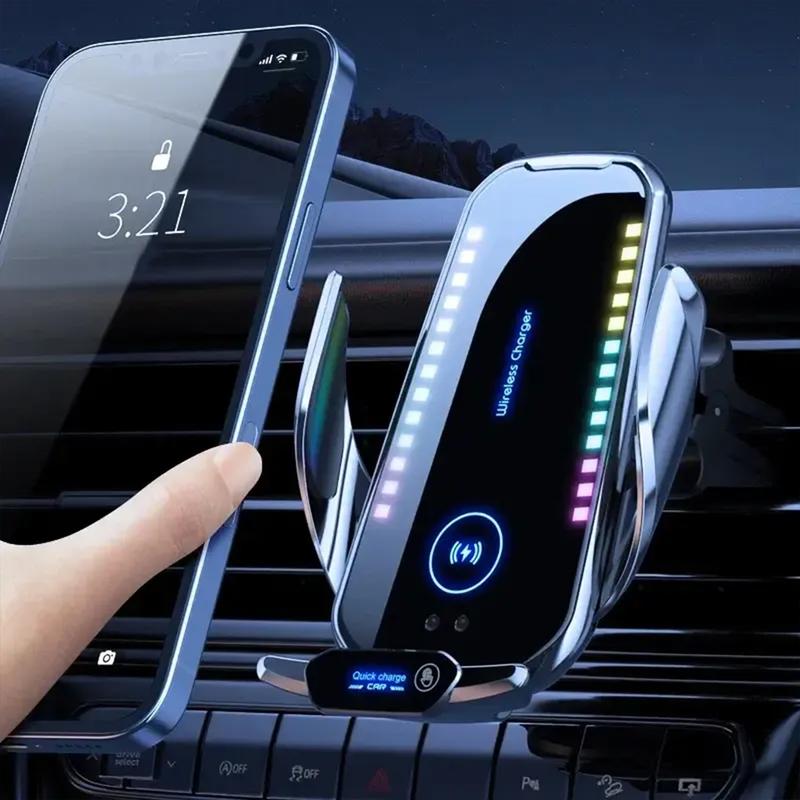Draadloze autolader met ventilatieopening voor telefoonhouder, dashboardhouder met omgevingsverlichting, compatibel met iPhone- en Android-telefoons, autoaccessoires.
