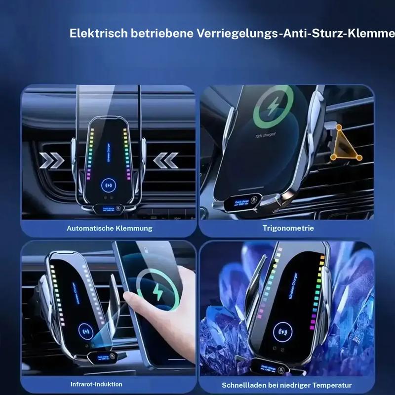 Draadloze autolader met ventilatieopening voor telefoonhouder, dashboardhouder met omgevingsverlichting, compatibel met iPhone- en Android-telefoons, autoaccessoires.