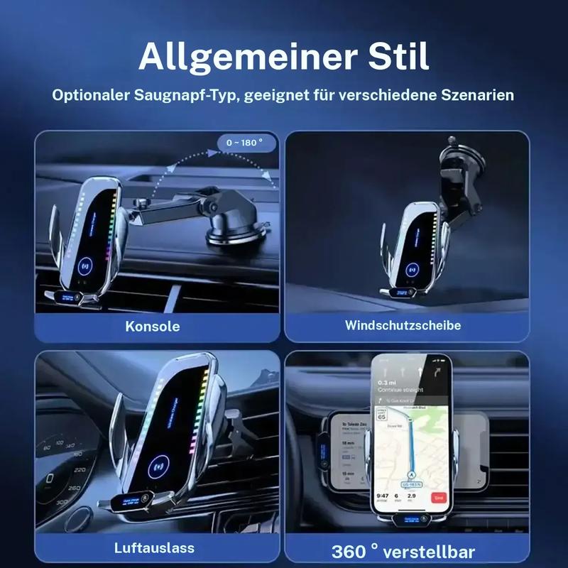 Draadloze autolader met ventilatieopening voor telefoonhouder, dashboardhouder met omgevingsverlichting, compatibel met iPhone- en Android-telefoons, autoaccessoires.