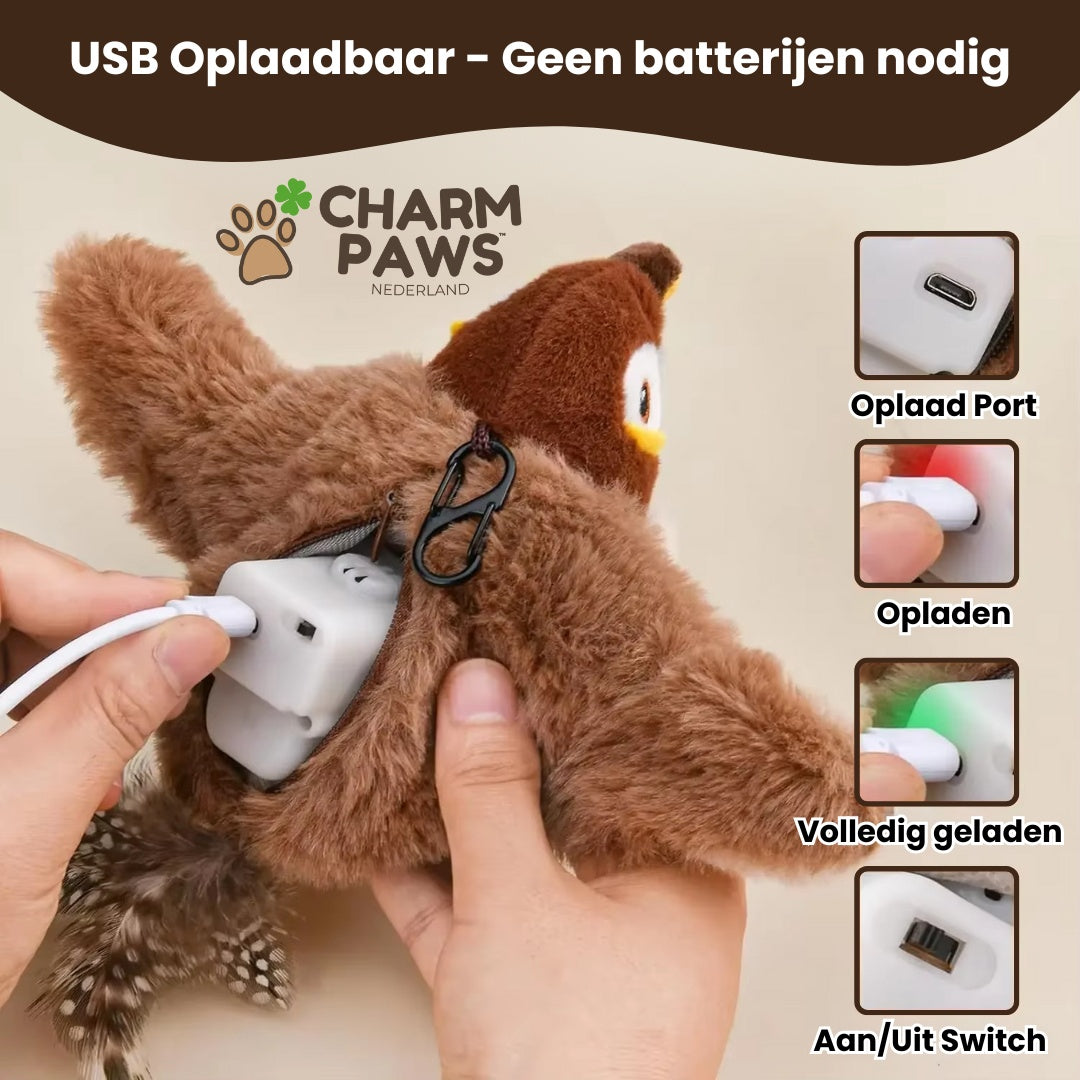 CharmPaws® Realistische Simulatie Vogel voor Katten - Grote Mus (Flappert + Tjilpt)
