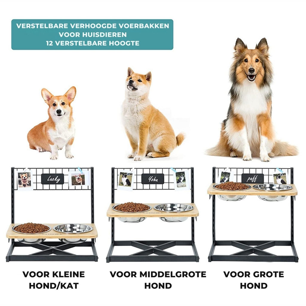 Verhoogde Hondenbak met Decoratie Rek | Verstelbare Hoogte voor Comfortabel Eten