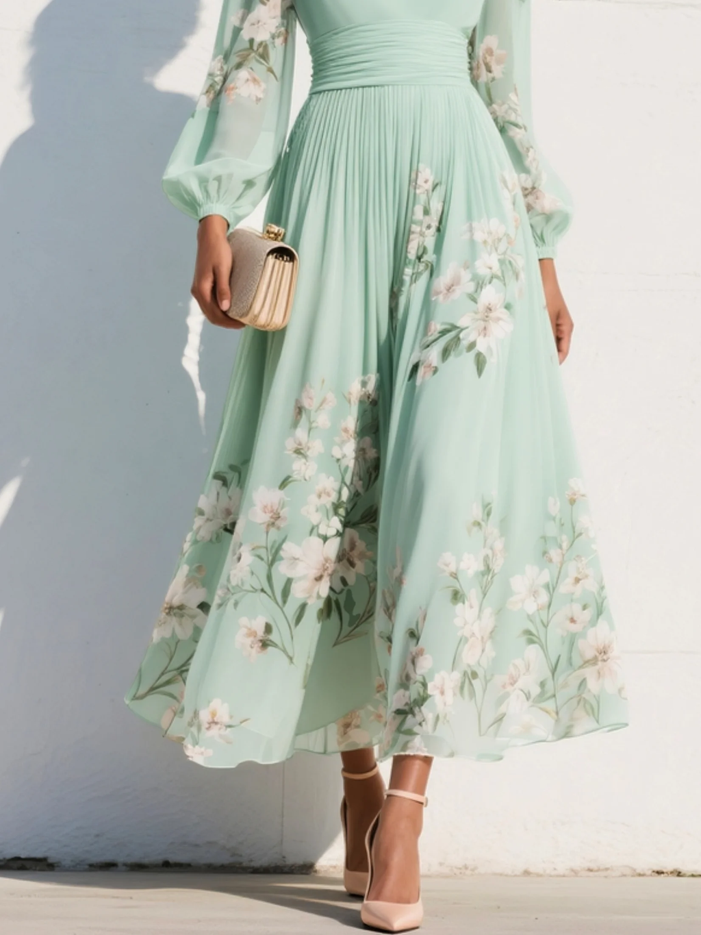 Cisella | Midi jurk lichtgroen met bloemen