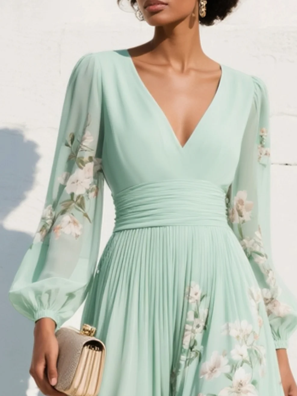 Cisella | Midi jurk lichtgroen met bloemen